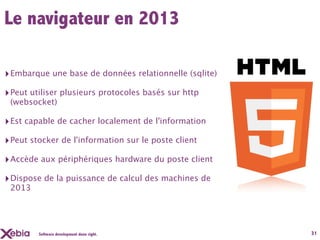 Le navigateur en 2013

‣ Embarque une base de données relationnelle (sqlite)
‣ Peut utiliser plusieurs protocoles basés sur http
 (websocket)

‣ Est capable de cacher localement de l'information
‣ Peut stocker de l'information sur le poste client
‣ Accède aux périphériques hardware du poste client
‣ Dispose de la puissance de calcul des machines de
 2013




         Software development done right.               31
 