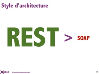 Style d'architecture




  REST                                 >   SOAP




    Software development done right.              33
 