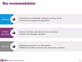 Nos recommandations


                            ✓ Volumétries considérables : plusieurs centaines de Go
Hadoop                      ✓ Traitements complexes, de type Batch




  Index                     ✓ Accès ‘immédiat’ à des données non structurées
distribué                   ✓ Besoins de requêtage complexe




                            ✓Stockage de données non relationnelles
NoSQL                       ✓Différentes familles en fonction des besoins de traitement




        Software development done right.                                                  73
 