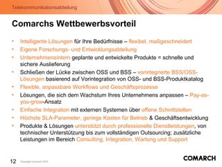 Telekommunikationsabteilung
12 Copyright Comarch 2010
Comarchs Wettbewerbsvorteil
• Intelligente Lösungen für Ihre Bedürfnisse – flexibel, maßgeschneidert
• Eigene Forschungs- und Entwicklungsabteilung
• Unternehmensintern geplante und entwickelte Produkte = schnelle und
sichere Auslieferung
• Schließen der Lücke zwischen OSS und BSS – vorintegrierte BSS/OSS-
Lösungen basierend auf Vorintegration von OSS- und BSS-Produktkatalog
• Flexible, anpassbare Workflows und Geschäftsprozesse
• Lösungen, die sich dem Wachstum Ihres Unternehmens anpassen – Pay-as-
you-grow-Ansatz
• Einfache Integration mit externen Systemen über offene Schnittstellen
• Höchste SLA-Parameter, geringe Kosten für Betrieb & Geschäftsentwicklung
• Produkte & Lösungen unterstützt durch professionelle Dienstleistungen, von
technischer Unterstützung bis zum vollständigen Outsourcing; zusätzliche
Leistungen im Bereich Consulting, Integration, Wartung und Support
 