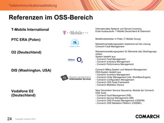 Telekommunikationsabteilung
24 Copyright Comarch 2010
Referenzen im OSS-Bereich
T-Mobile International Internationales Network und Service Inventory
Erste Ausbaustufe: T-Mobile Deutschland & Österreich
PTC ERA (Polen) Mobilfunkbetreiber in Polen (T-Mobile Group)
Netzwerkverwaltungssystem basierend auf der Lösung
Comarch Fault Management
O2 (Deutschland) Netzwerkverwaltungssystem für Elemente des Übertragungs-
netzes
System besteht aus:
- Comarch Fault Management
- Comarch Inventory Management
- Comarch Performance Management
DIS (Washington, USA) Comarch Billing System und Network Management
OSS-System besteht aus:
- Comarch Inventory Management
- Comarch Order Management (inkl. Workflow-Engine)
- Comarch Configuration Management
- Comarch OSS Suite Framework
- Comarch Mediation Device
Vodafone D2
(Deutschland)
Next Generation Service Assurance, Module der Comarch
OSS Suite:
- Comarch Fault Management (FM)
- Comarch Service Management (SM)
- Comarch OSS Process Management (OSSPM)
- Comarch OSS Mediation Platform (OSSMD)
 