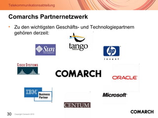 Telekommunikationsabteilung
30 Copyright Comarch 2010
Comarchs Partnernetzwerk
• Zu den wichtigsten Geschäfts- und Technologiepartnern
gehören derzeit:
 