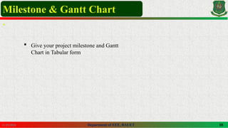 Department of EEE, BAUET 10
11/25/2024
Milestone & Gantt Chart
.
 Give your project milestone and Gantt
Chart in Tabular form
 