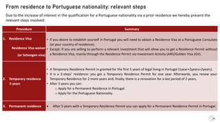 Procedure Summary
1. Residence Visa
Residence Visa waiver
(or Schengen visa)
• If you desire to establish yourself in Port...