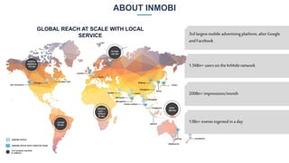 ABOUT INMOBI
3rd largestmobile advertisingplatform, afterGoogle
andFacebook
1.56Bn+ userson theInMobi network
200Bn+ impre...