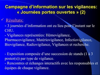 Campagne d’information sur les vigilances:Campagne d’information sur les vigilances:
« Journées portes ouvertes » (2)« Journées portes ouvertes » (2)
 Résultats:
- 3 journées d’information ont eu lieu pour l’instant sur le
CHU.
- Vigilances représentées: Hémovigilance,
Pharmacovigilance, Matériovigilance, Infectiovigilance,
Biovigilance, Radiovigilance, Vigilances et recherche.
- Exposition composée d’une succession de stands (1 à 3
poster(s)) par type de vigilance.
- Rencontres et échanges interactifs avec les responsables et
équipes de chaque vigilance.
 