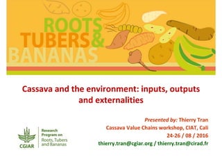 Cassava and the environment: inputs, outputs
and externalities
Presented by: Thierry Tran
Cassava Value Chains workshop, CIAT, Cali
24-26 / 08 / 2016
thierry.tran@cgiar.org / thierry.tran@cirad.fr
 