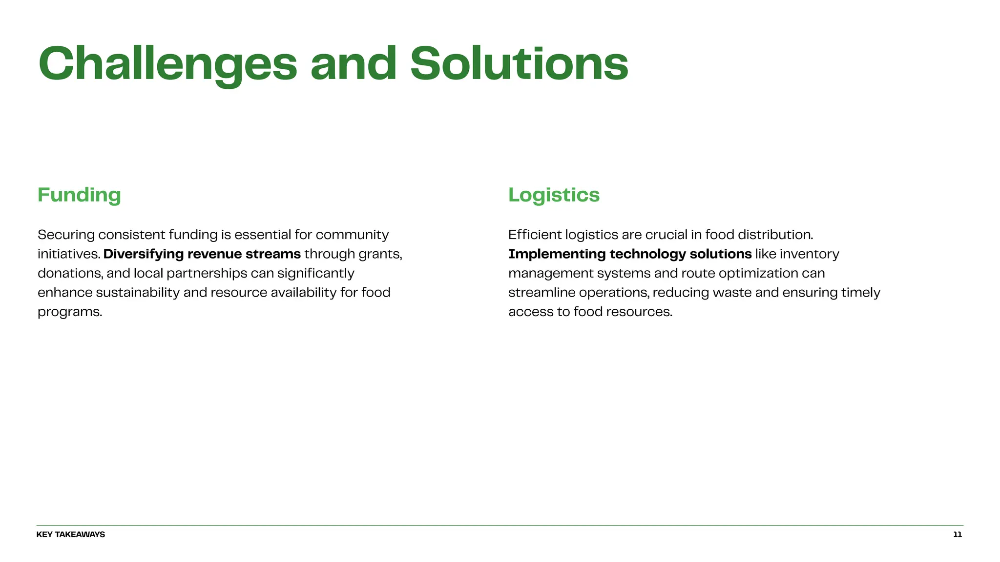 Challenges and Solutions
Funding
Securing consistent funding is essential for community
initiatives. Diversifying revenue streams through grants,
donations, and local partnerships can significantly
enhance sustainability and resource availability for food
programs.
Logistics
Efficient logistics are crucial in food distribution.
Implementing technology solutions like inventory
management systems and route optimization can
streamline operations, reducing waste and ensuring timely
access to food resources.
KEY TAKEAWAYS 11
 