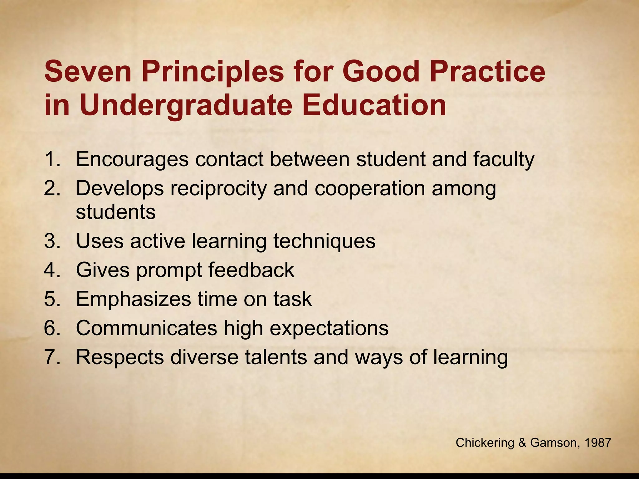Seven Principles for Good Practice in Undergraduate Education Encourages contact between student and faculty Develops reciprocity and cooperation among students Uses active learning techniques Gives prompt feedback Emphasizes time on task Communicates high expectations Respects diverse talents and ways of learning Chickering & Gamson, 1987 