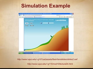 Simulation Example http://www.iupui.edu/~g107cwt/assets/flash/landslides/slides2.swf   http://www.iupui.edu/~g115/mod10/lecture04.html   