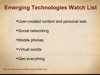 Emerging Technologies Watch List User-created content and personal web Social networking Mobile phones Virtual worlds Geo everything http://net.educause.edu/ir/library/pdf/CSD5612.pdf   