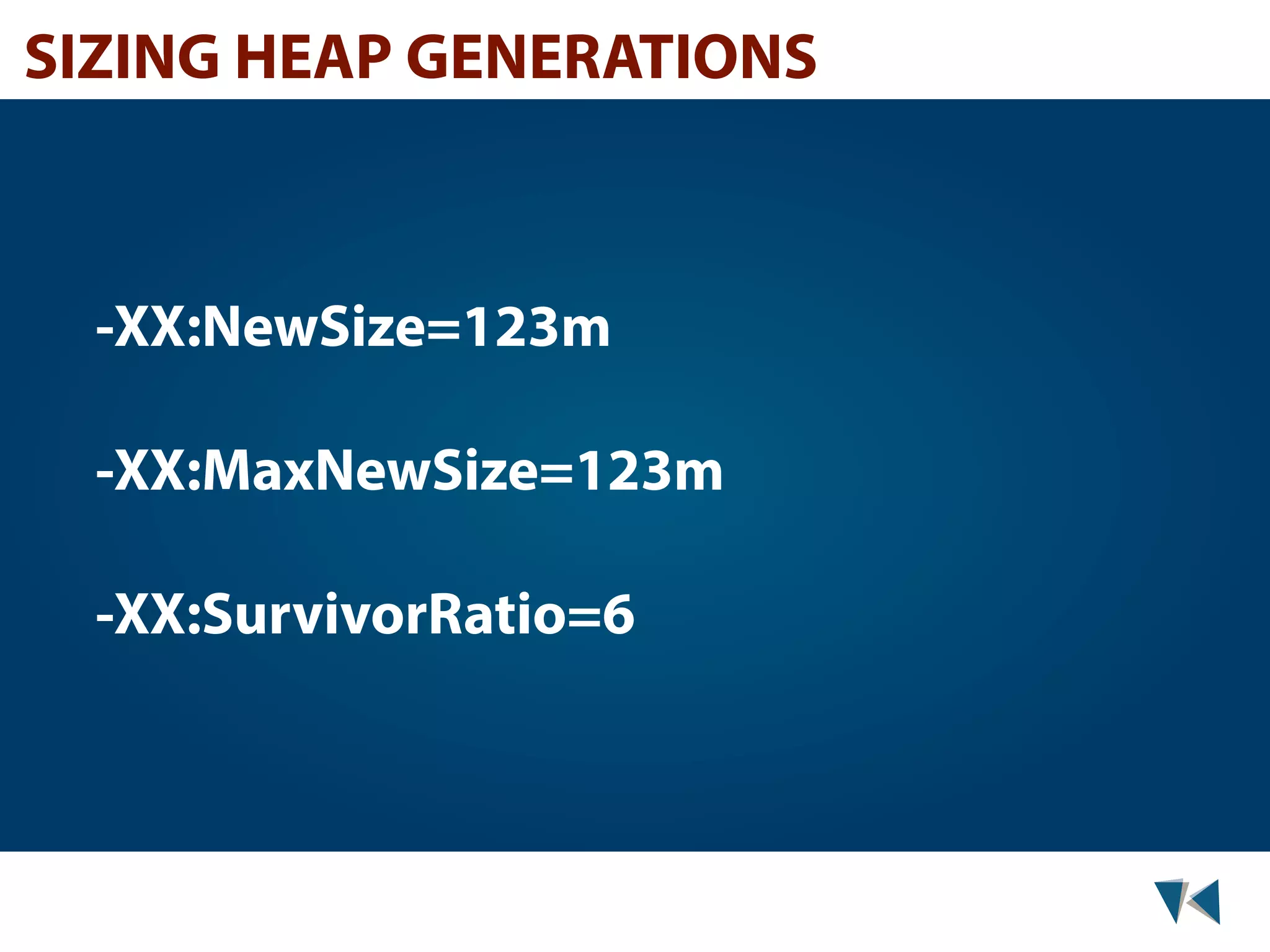 SIZING HEAP GENERATIONS -XX:NewSize=123m -XX:MaxNewSize=123m -XX:SurvivorRatio=6 