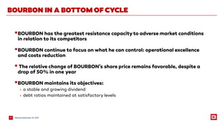 MeetingSeptember 25, 20158
BOURBON IN A BOTTOM OF CYCLE
BOURBON has the greatest resistance capacityto adverse market conditions
in relation to its competitors
BOURBON continue to focus on what he can control: operational excellence
and costs reduction
 The relative change of BOURBON’s share price remains favorable, despite a
drop of 50% in one year
BOURBON maintains its objectives:
› a stable and growing dividend
› debt ratios maintained at satisfactory levels
 