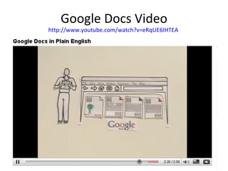 Google Docs Video http://www.youtube.com/watch?v=eRqUE6IHTEA   