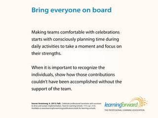 Source: Armstrong, A. (2013, Fall). Celebrate professional transitions and successes
to drive and sustain implementation. Tools for Learning Schools. 17(1). (p.1, 4-5).
Available at www.learningforward.org/publications/tools-for-learning-schools.
Bring everyone on board
Making teams comfortable with celebrations
starts with consciously planning time during
daily activities to take a moment and focus on
their strengths.
When it is important to recognize the
individuals, show how those contributions
couldn’t have been accomplished without the
support of the team.
 