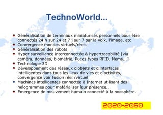 TechnoWorld...
Généralisation de terminaux miniaturisés personnels pour être
connectés 24 h sur 24 et 7 j sur 7 par la voi...