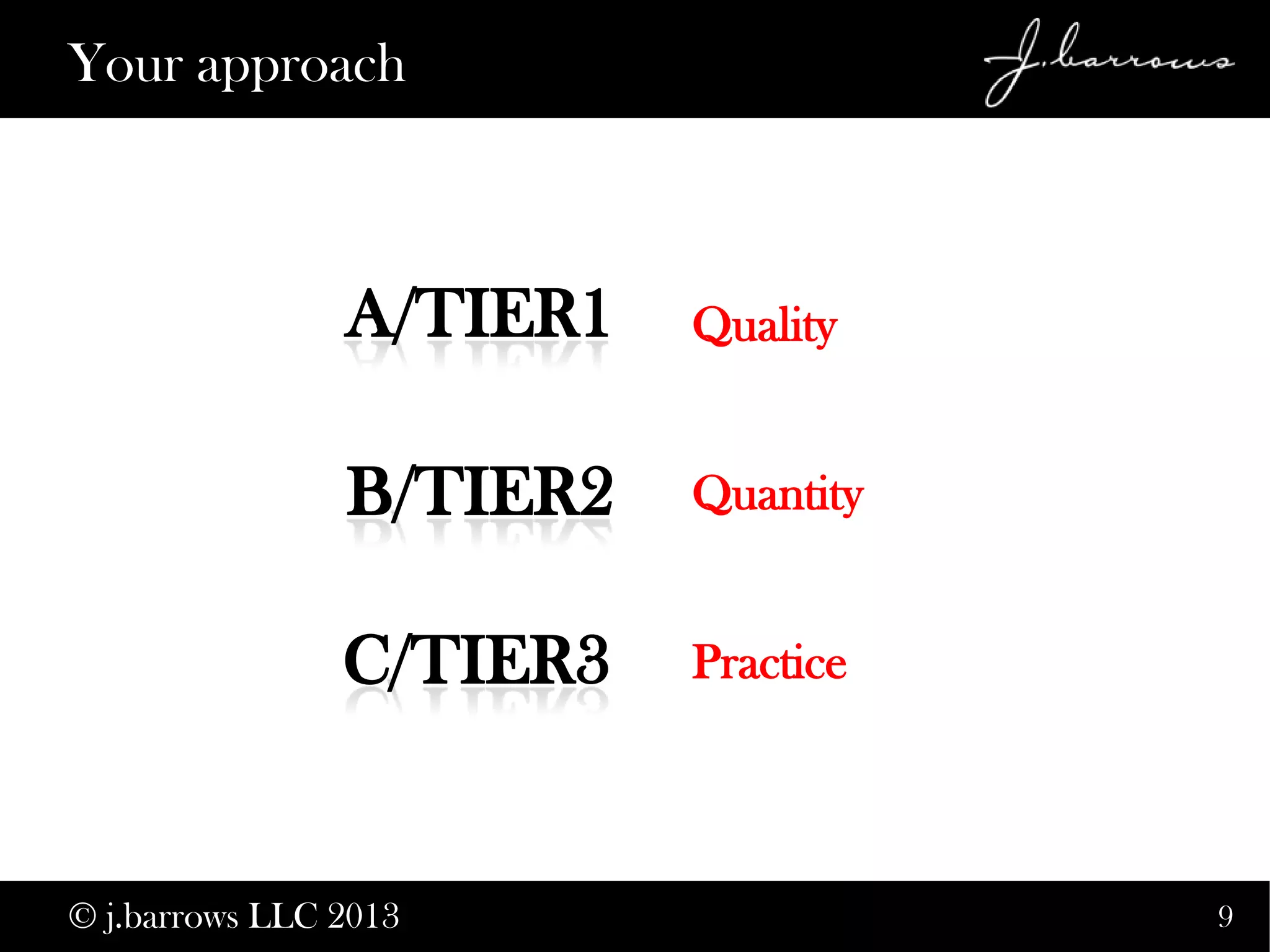 9
Your approach
Quality
Quantity
Practice
© j.barrows LLC 2013
 