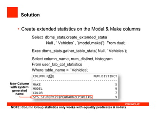 Solution
•  Create extended statistics on the Model & Make columns
Select dbms_stats.create_extended_stats(
Null , ’ Vehicles’ , ’(model,make)’) From dual;
Exec dbms_stats.gather_table_stats( Null, ’ Vehicles’);
Select column_name, num_distinct, histogram
From user_tab_col_statistics
Where table_name = ’ Vehicles';
New Column
with system
generated
name
NOTE: Column Group statistics only works with equality predicates & in-lists
 