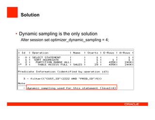 Solution
•  Dynamic sampling is the only solution
Alter session set optimizer_dynamic_sampling = 4;
 