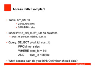 Access Path Example 1
•  Table: MY_SALES
•  2,098,400 rows
•  5510 MB in size
•  Index PROD_BIG_CUST_IND on columns
•  prod_id, product_details, cust_id
•  Query: SELECT prod_id, cust_id
FROM my_sales
WHERE prod_id = 141
AND cust_id < 8938;
•  What access path do you think Optimizer should pick?
 