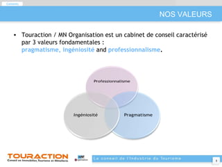 NOS VALEURS Touraction / MN Organisation  est un cabinet de conseil caractérisé par 3 valeurs fondamentales  :  pragmatisme, ingéniosité   and   professionnalisme . Contents 