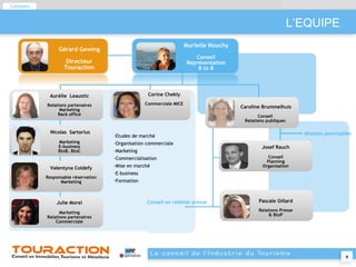 Josef Rauch Conseil Planning Organisation Pascale Gillard Relations Presse & BtoP Missions ponctuelles Aurélie  Leaustic Relations partenaires Marketing Back office Murielle Nouchy Conseil Représentation B to B Caroline Brummelhuis Conseil Relations publiques Nicolas  Sartorius Marketing E-business BtoB, BtoC Etudes de marché Organisation commerciale Marketing Commercialisation  Mise en marché E-business Formation Valentyna Coldefy Responsable réservation Marketing Julie Morel Marketing Relations partenaires Commerciale Conseil en relation presse L’EQUIPE Contents Contents Corine Chekly Commerciale MICE Josef Rauch Conseil Planning Organisation Pascale Gillard Relations Presse & BtoP Missions ponctuelles Aurélie  Leaustic Relations partenaires Marketing Back office Murielle Nouchy Conseil Représentation B to B Caroline Brummelhuis Conseil Relations publiques Nicolas  Sartorius Marketing E-business BtoB, BtoC Etudes de marché Organisation commerciale Marketing Commercialisation  Mise en marché E-business Formation Valentyna Coldefy Responsable réservation Marketing Julie Morel Marketing Relations partenaires Commerciale Conseil en relation presse L’EQUIPE Contents Contents Corine Chekly Commerciale MICE Gérard Gewing Directeur Touraction 