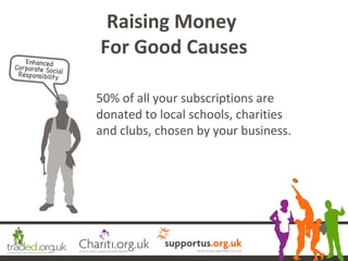 50% of all your subscriptions are
donated to local schools, charities
and clubs, chosen by your business.
Raising Money
Fo...