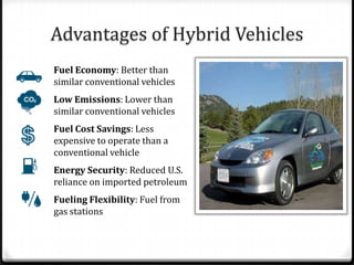 Advantages of Hybrid Vehicles
Fuel Economy: Better than
similar conventional vehicles
Low Emissions: Lower than
similar conventional vehicles
Fuel Cost Savings: Less
expensive to operate than a
conventional vehicle
Energy Security: Reduced U.S.
reliance on imported petroleum
Fueling Flexibility: Fuel from
gas stations
 