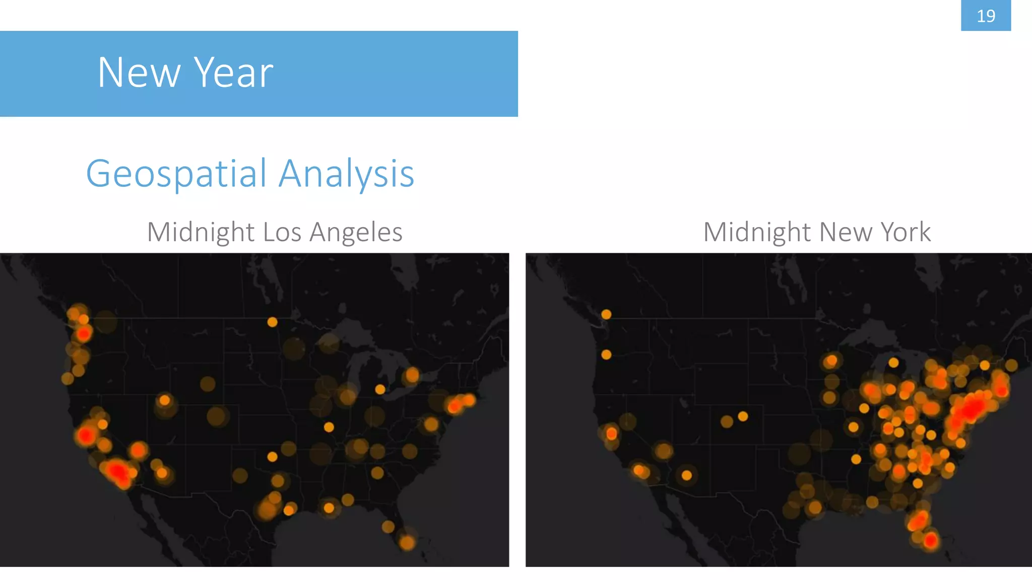 19
New Year
Geospatial Analysis
Midnight Los Angeles Midnight New York
 