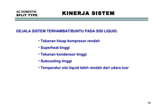 18
AC DOMESTIK
SPLIT TYPE KINERJA SISTEM
GEJALA SISTEM TERHAMBAT/BUNTU PADA SISI LIQUID:
• Tekanan hisap kompresor rendah
• Superheat tinggi
• Tekanan kondensor tinggi
• Subcooling tinggi
• Temperatur sisi liquid lebih rendah dari udara luar
 
