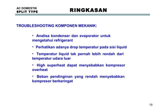 19
AC DOMESTIK
SPLIT TYPE RINGKASAN
TROUBLESHOOTING KOMPONEN MEKANIK:
• Analisa kondenser dan evaporator untuk
mengetahui refrigerant
• Perhatikan adanya drop temperatur pada sisi liquid
• Temperatur liquid tak pernah lebih rendah dari
temperatur udara luar
• High superheat dapat menyebabkan kompresor
overheat
• Beban pendinginan yang rendah menyebabkan
kompresor berkeringat
 