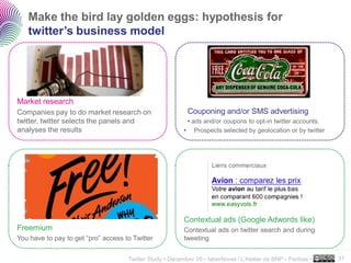 Make the bird lay golden eggs: hypothesis for
   twitter’s business model




Market research
Companies pay to do market research on                     Couponing and/or SMS advertising
twitter, twitter selects the panels and                    • ads and/or coupons to opt-in twitter accounts.
analyses the results                                      • Prospects selected by geolocation or by twitter




                                                          Contextual ads (Google Adwords like)
Freemium                                                  Contextual ads on twitter search and during
You have to pay to get “pro” access to Twitter            tweeting
                                                                                                               ..…….

                                     Twitter Study • December 09 • faberNovel / L’Atelier de BNP - Paribas •   37
 