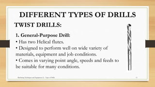 Machining Techniques and Equipment (1) - Types of Drills 11
TWIST DRILLS:
DIFFERENT TYPES OF DRILLS
1. General-Purpose Drill:
• Has two Helical flutes.
• Designed to perform well on wide variety of
materials, equipment and job conditions.
• Comes in varying point angle, speeds and feeds to
be suitable for many conditions.
 