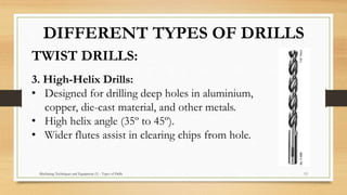Machining Techniques and Equipment (1) - Types of Drills 13
TWIST DRILLS:
DIFFERENT TYPES OF DRILLS
3. High-Helix Drills:
• Designed for drilling deep holes in aluminium,
copper, die-cast material, and other metals.
• High helix angle (35º to 45º).
• Wider flutes assist in clearing chips from hole.
 