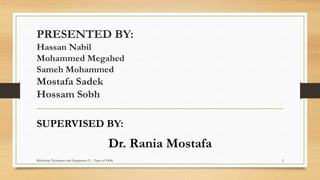 PRESENTED BY:
Hassan Nabil
Mohammed Megahed
Sameh Mohammed
Mostafa Sadek
Hossam Sobh
SUPERVISED BY:
Dr. Rania Mostafa
Machining Techniques and Equipment (1) - Types of Drills 2
 