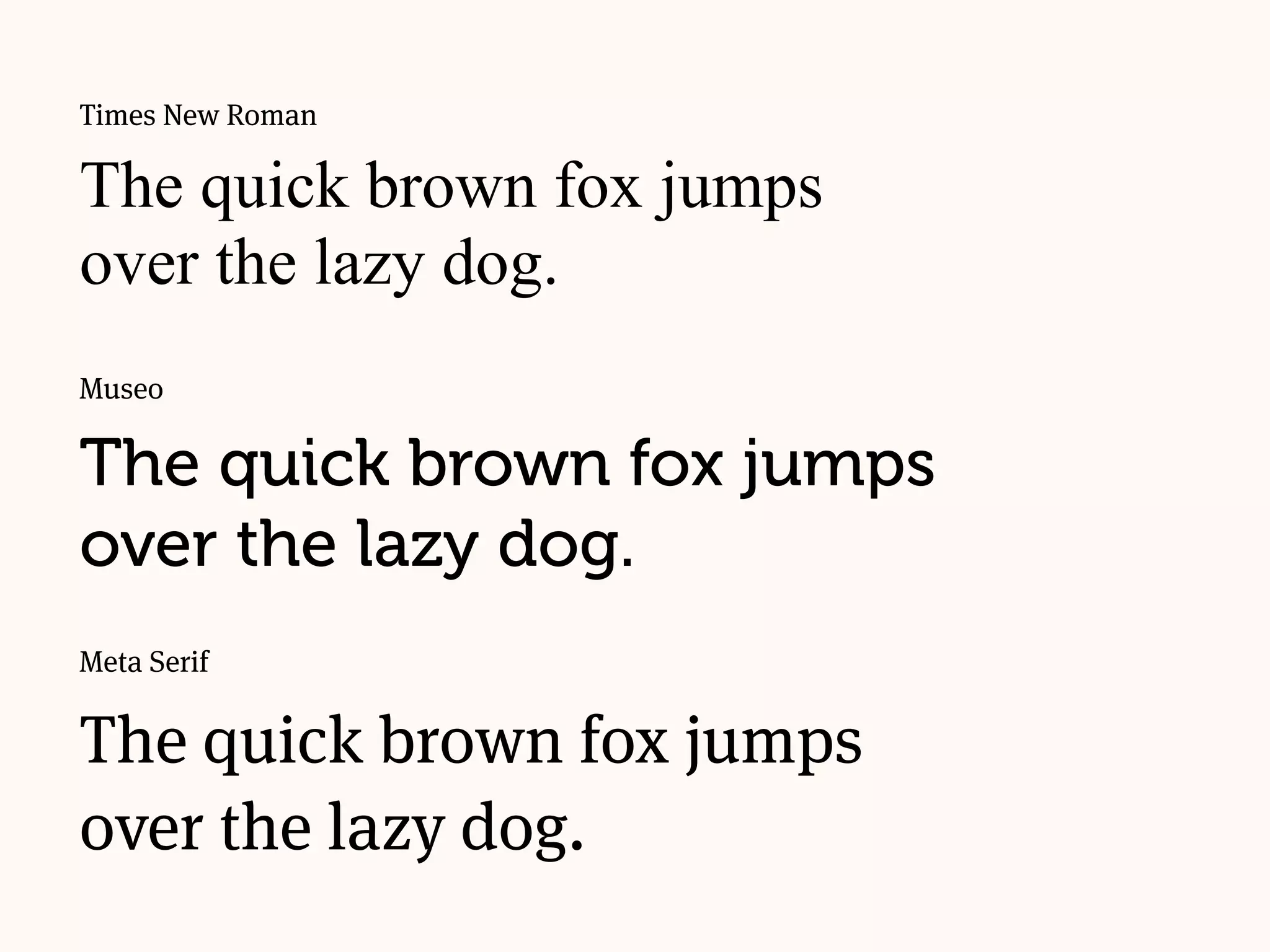 Museo
The quick brown fox jumps
over the lazy dog.
Meta Serif
The quick brown fox jumps
over the lazy dog.
Times New Roman
The quick brown fox jumps
over the lazy dog.
 