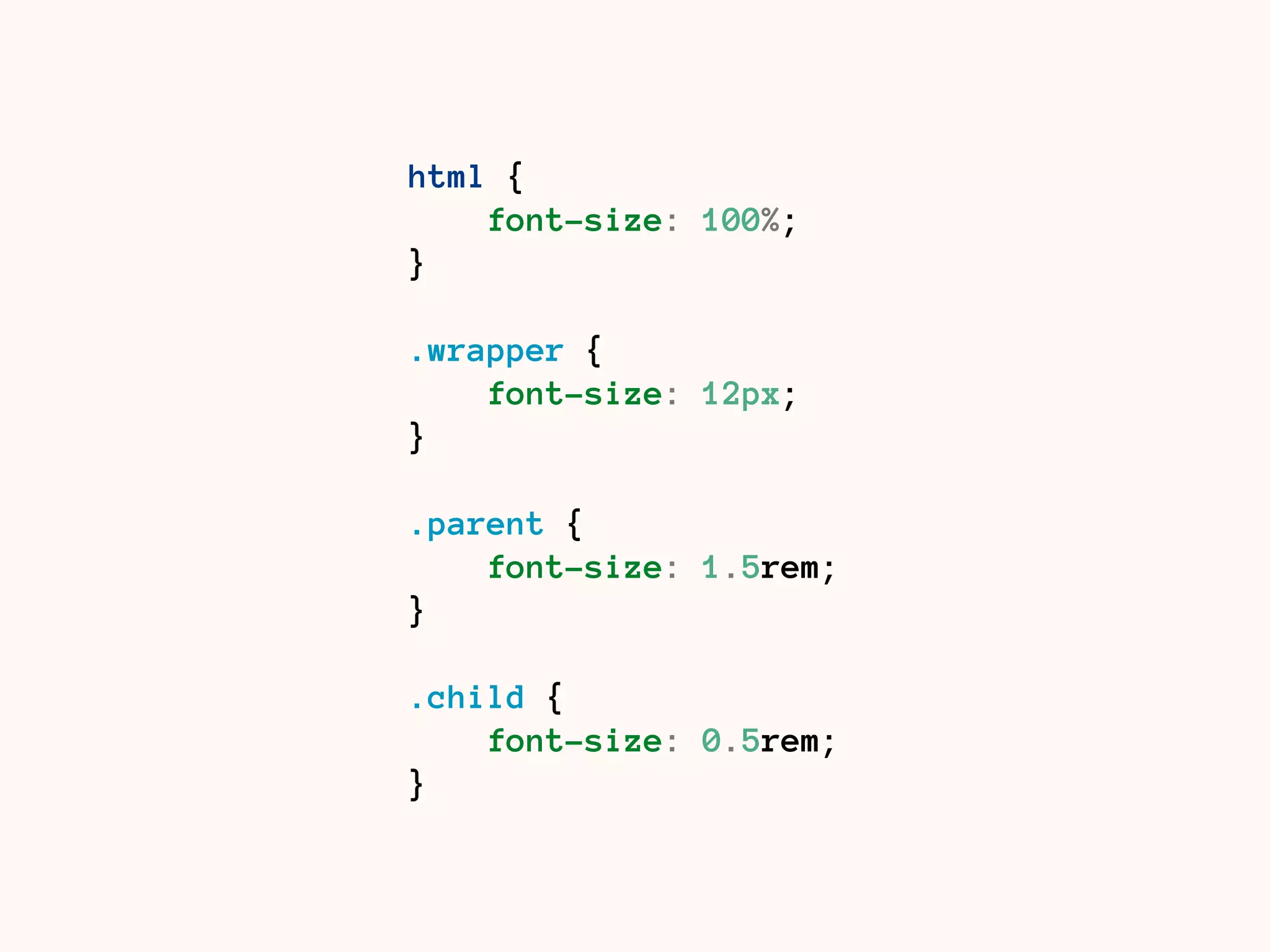html {
font-size: 16px;
}
.wrapper {
font-size: 12px;
}
.parent {
font-size: 1.5rem;
}
.child {
font-size: 0.5rem;
}
 