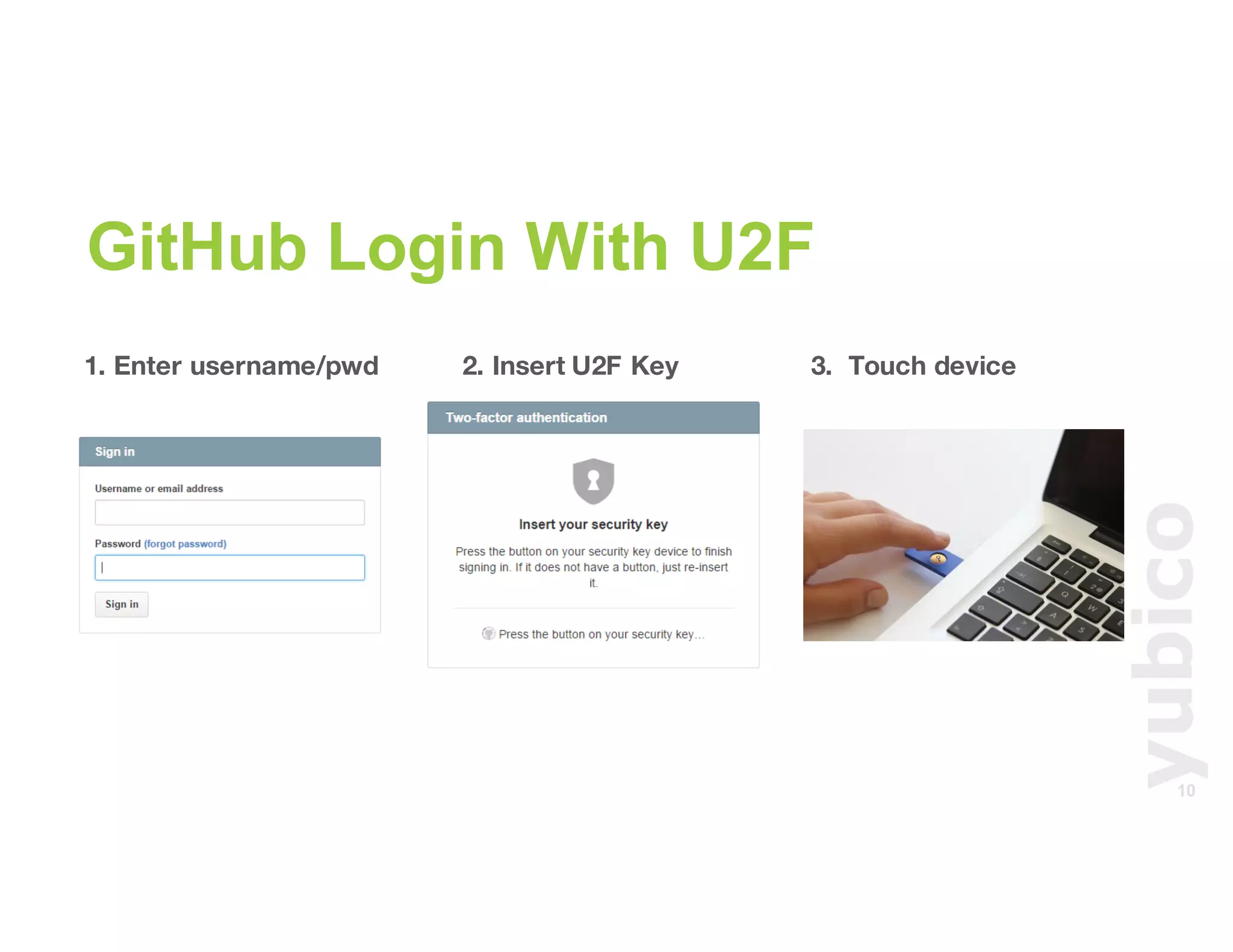 10
1. Enter username/pwd 2. Insert U2F Key 3. Touch device
GitHub Login With U2F
 