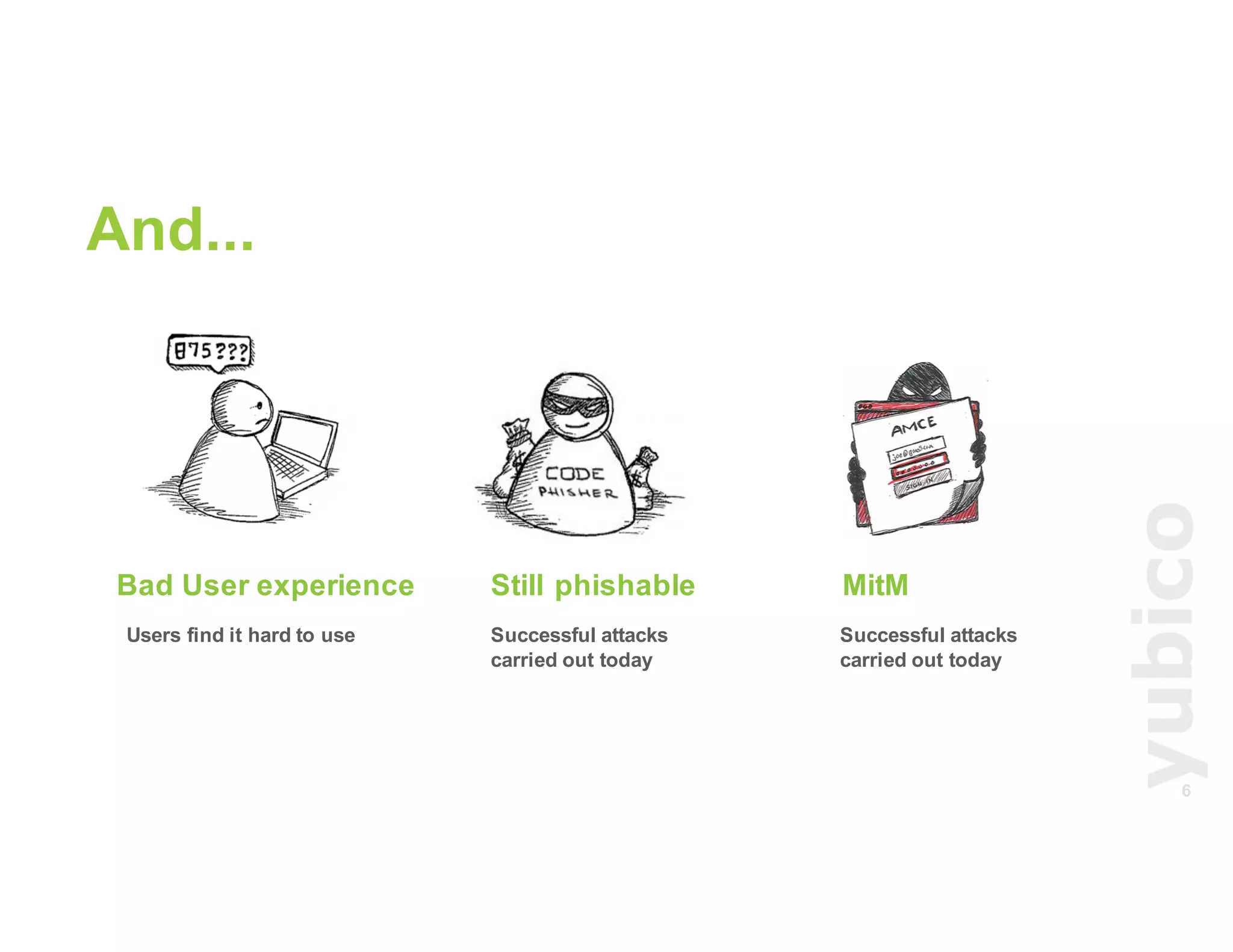 6
Bad User experience Still phishable
Users find it hard to use Successful attacks
carried out today
MitM
Successful attacks
carried out today
And...
 