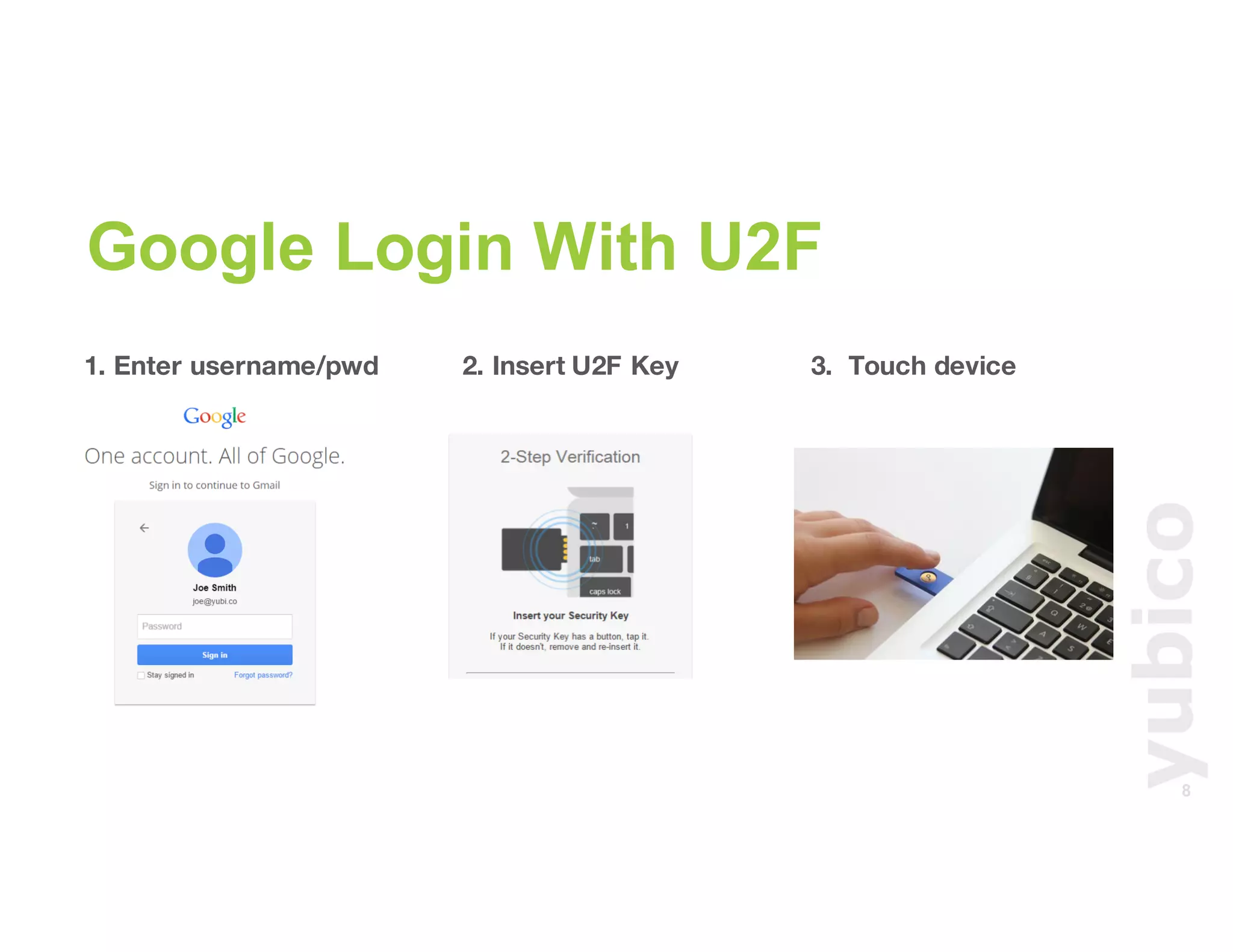 8
1. Enter username/pwd 2. Insert U2F Key 3. Touch device
Google Login With U2F
 