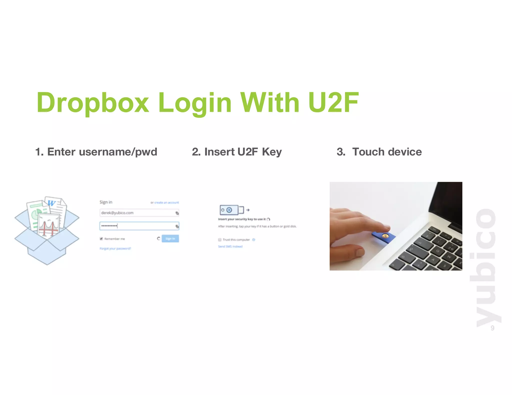 9
1. Enter username/pwd 2. Insert U2F Key 3. Touch device
Dropbox Login With U2F
 