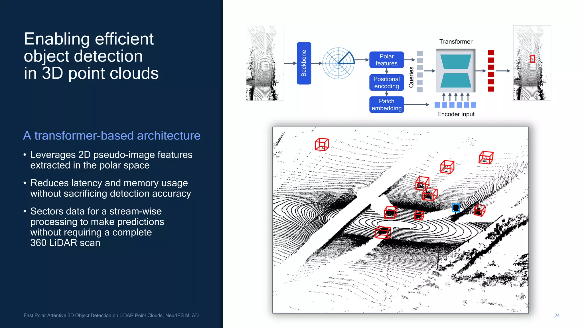 24
Fast Polar Attentive 3D Object Detection on LiDAR Point Clouds, NeurIPS MLAD
Enabling efficient
object detection
in 3D point clouds Positional
encoding
Patch
embedding
Polar
features
Queries
Encoder input
Transformer
Backbone
A transformer-based architecture
• Leverages 2D pseudo-image features
extracted in the polar space
• Reduces latency and memory usage
without sacrificing detection accuracy
• Sectors data for a stream-wise
processing to make predictions
without requiring a complete
360 LiDAR scan
 