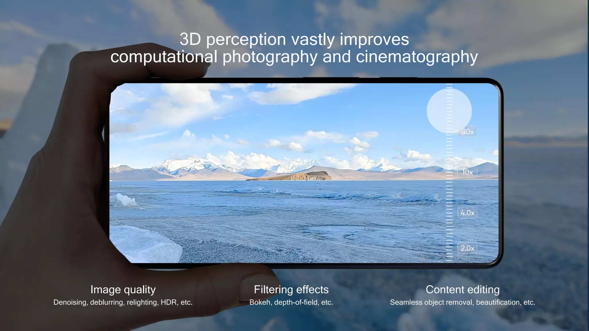 10
10
Image quality
Denoising, deblurring, relighting, HDR, etc.
Filtering effects
Bokeh, depth-of-field, etc.
Content editing
Seamless object removal, beautification, etc.
3D perception vastly improves
computational photography and cinematography
 