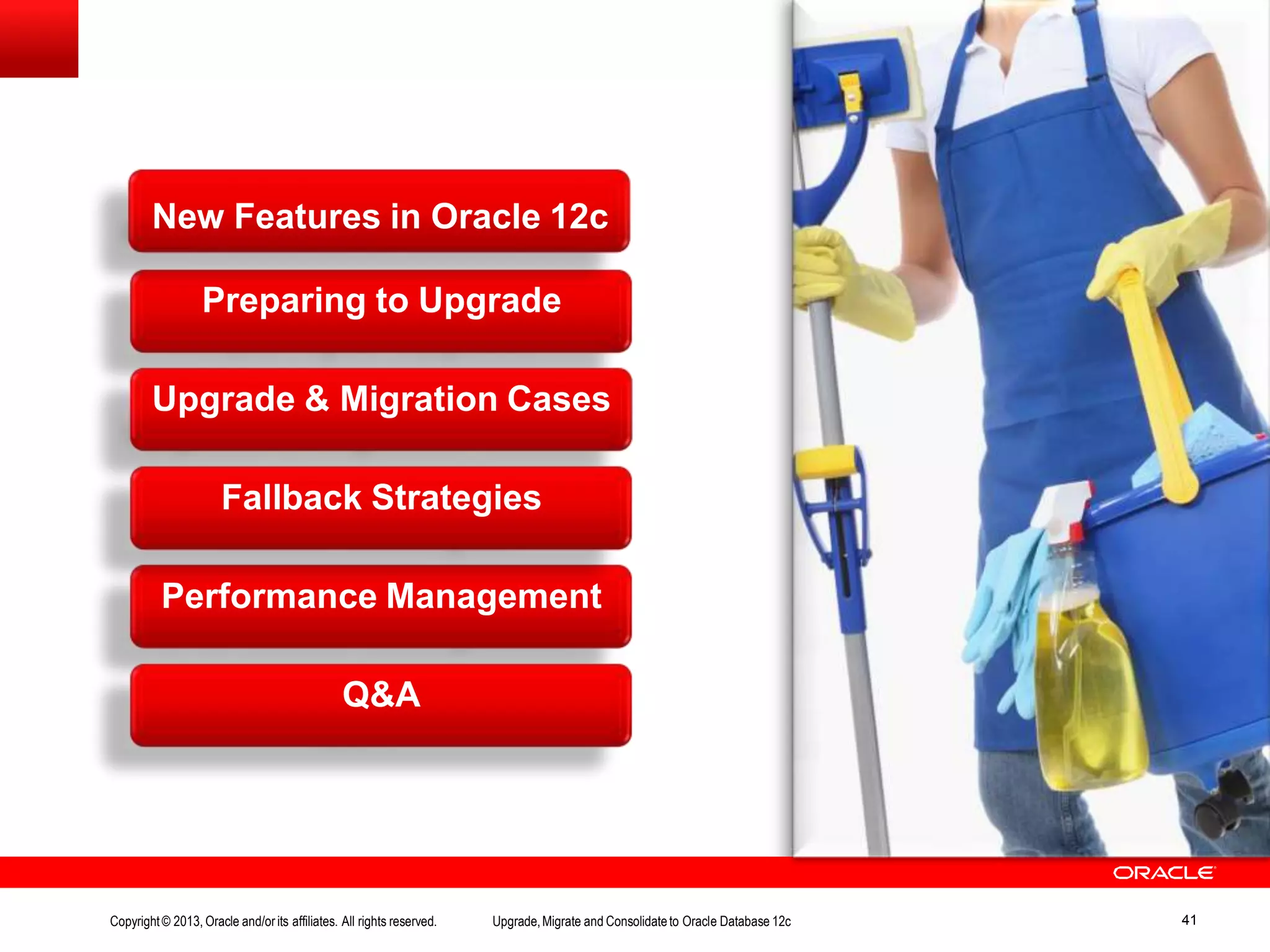 New Features in Oracle 12c Preparing to Upgrade Upgrade & Migration Cases Fallback Strategies Performance Management Q&A Copyright© 2013, Oracle and/orits affiliates. All rights reserved. Upgrade,Migrate and Consolidateto Oracle Database 12c 41 