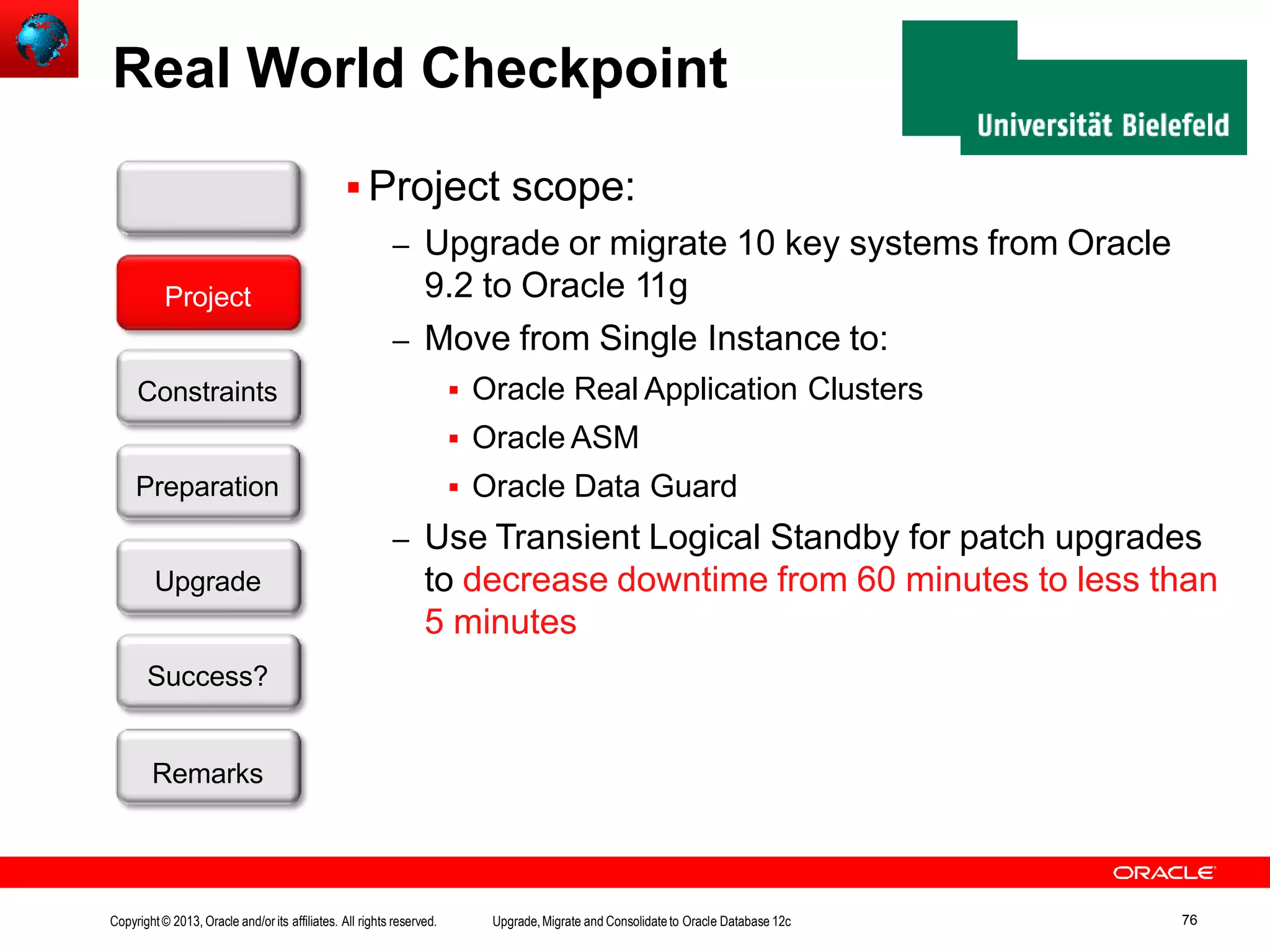 Real World Checkpoint  Project scope: – Upgrade or migrate 10 key systems from Oracle 9.2 to Oracle 11g – Move from Single Instance to:  Oracle Real Application Clusters  Oracle ASM  Oracle Data Guard – Use Transient Logical Standby for patch upgrades to decrease downtime from 60 minutes to less than 5 minutes Customer Upgrade Success? Remarks Project Constraints Preparation Copyright© 2013, Oracle and/orits affiliates. All rights reserved. Upgrade,Migrate and Consolidateto Oracle Database 12c 76 