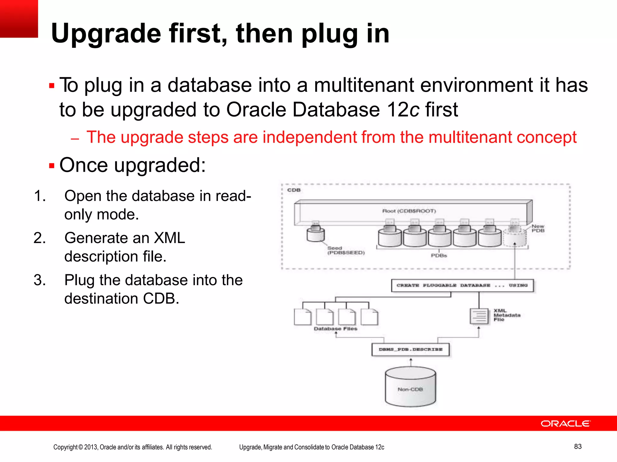 Upgrade first, then plug in  To plug in a database into a multitenant environment it has to be upgraded to Oracle Database 12c first – The upgrade steps are independent from the multitenant concept  Once upgraded: 1. Open the database in read- only mode. 2. Generate an XML description file. 3. Plug the database into the destination CDB. Copyright© 2013, Oracle and/orits affiliates. All rights reserved. Upgrade,Migrate and Consolidateto Oracle Database 12c 83 