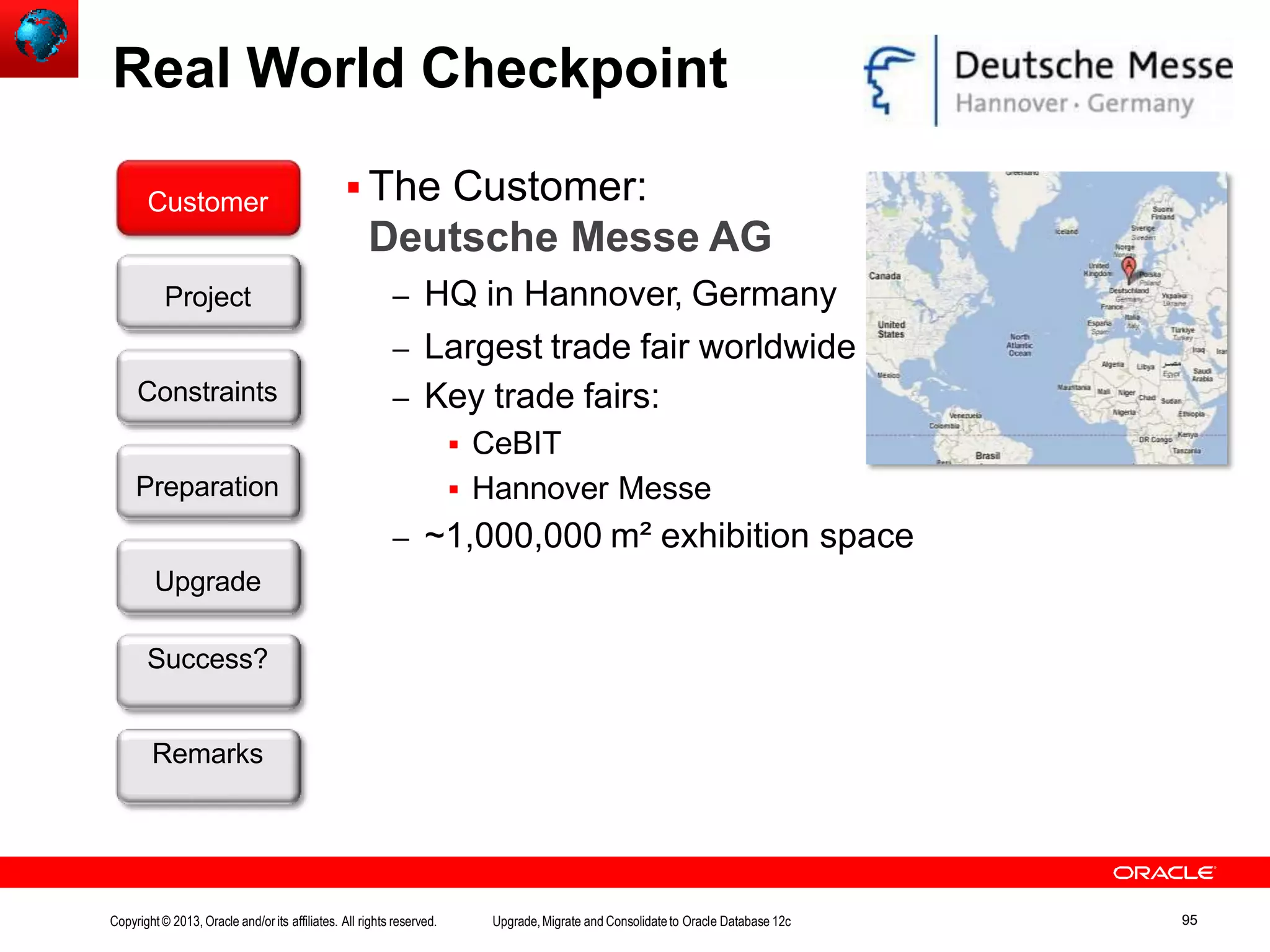 Real World Checkpoint  The Customer: Deutsche Messe AG – HQ in Hannover, Germany – Largest trade fair worldwide – Key trade fairs:  CeBIT  Hannover Messe – ~1,000,000 m² exhibition space Customer Upgrade Success? Remarks Project Constraints Preparation Copyright© 2013, Oracle and/orits affiliates. All rights reserved. Upgrade,Migrate and Consolidateto Oracle Database 12c 95 