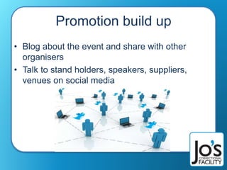 Promotion build up
• Blog about the event and share with other
organisers
• Talk to stand holders, speakers, suppliers,
venues on social media
 