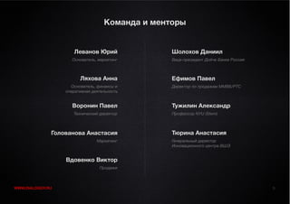 Команда и менторы


                     Леванов Юрий                Шолохов Даниил
                     Основатель, маркетинг       Вице-президент Дойче Банка Россия



                        Ляхова Анна              Ефимов Павел
                    Основатель, финансы и        Директор по продажам ММВБ/РТС
                  оперативная деятельность


                     Воронин Павел               Тужилин Александр
                     Технический директор        Профессор NYU (Stern)



              Голованова Анастасия               Тюрина Анастасия
                                Маркетинг        Генеральный директор
                                                 Инновационного центра ВШЭ


                  Вдовенко Виктор
                                 Продажи



WWW.DIALOGGY.RU                                                                      9
 