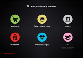 Потенциальные клиенты




         Магазины        Рестораны и кафе         Банки




       Кинотеатры         Фитнес центры              GR
                                            больницы, детские сады,
                                            школы, поликлиники



WWW.DIALOGGY.RU                                                       7
 
